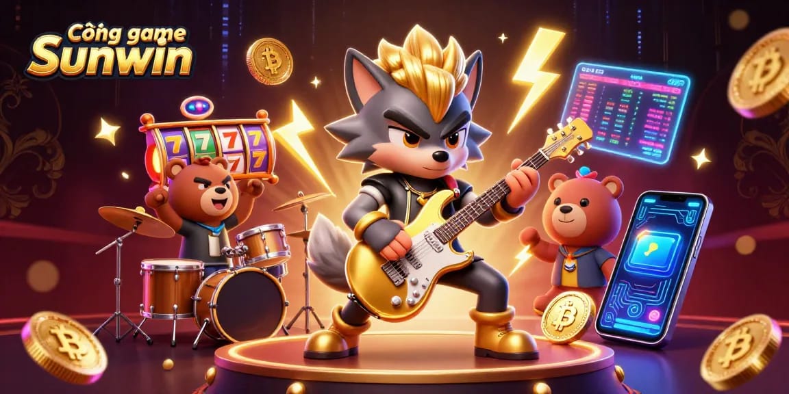 Engage with Cổng game Sunwin featuring a rock star wolf shredding alongside vibrant casino elements.
