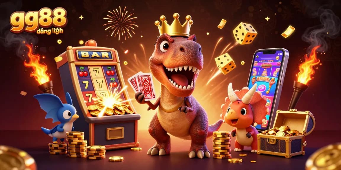 Join the fun with gg88 đăng nhập at the casino, featuring a playful T-Rex shuffling cards!
