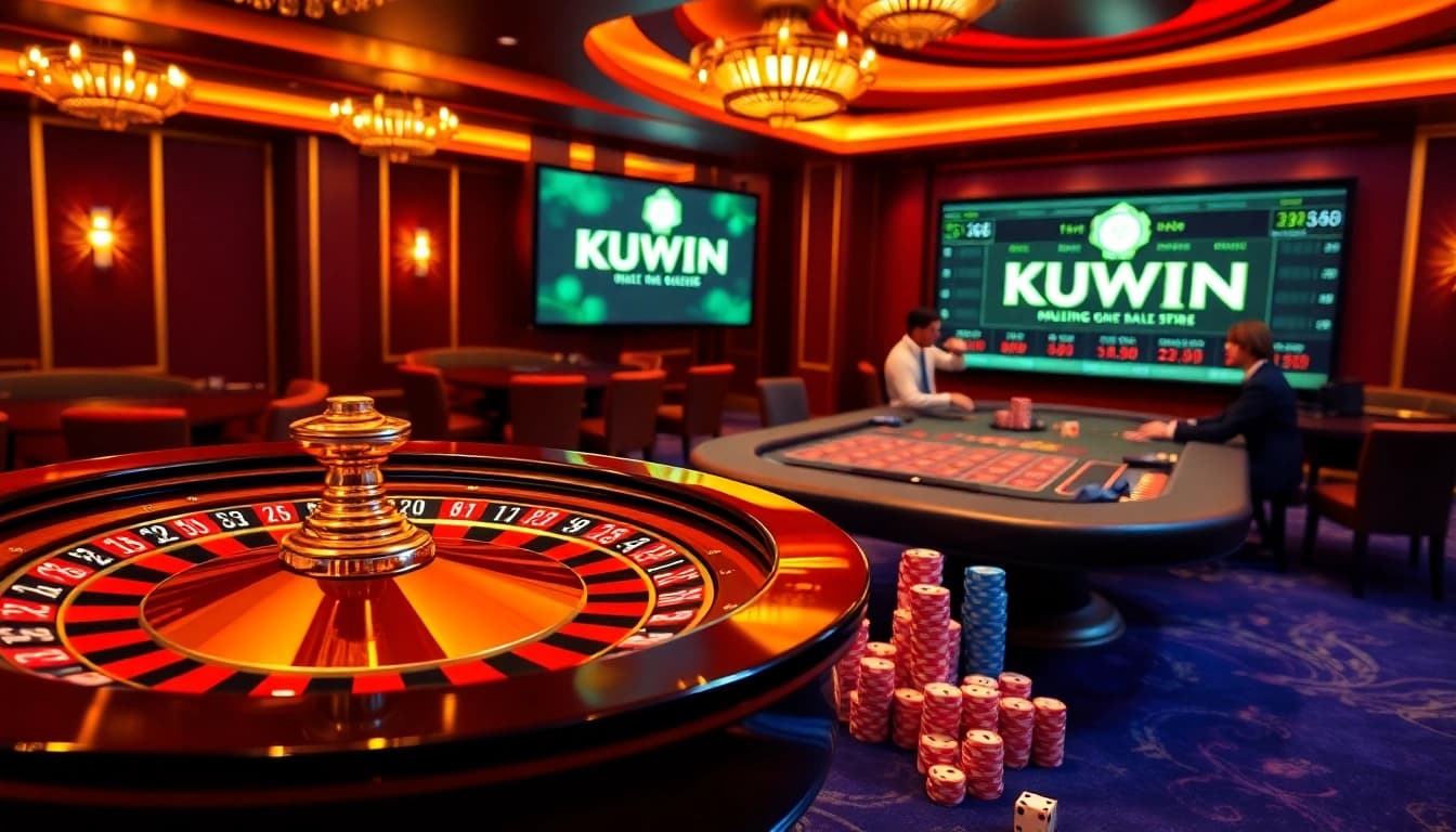 Experience the thrill of KUWIN through an engaging casino scene filled with roulette wheels and poker action.