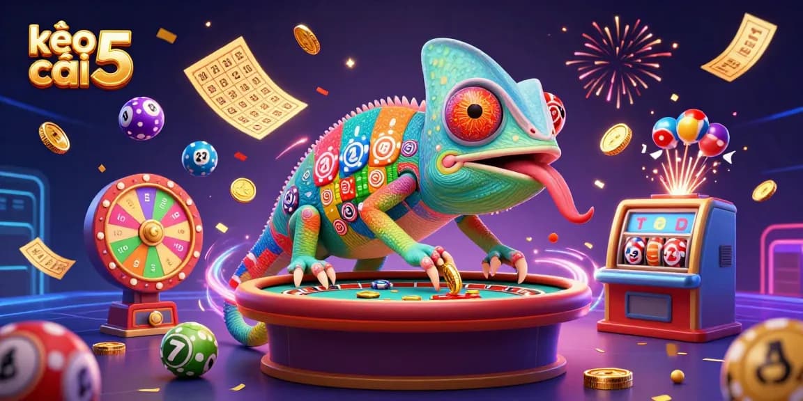Kèo nhà cái 5 brings dynamic energy with a colorful casino scene featuring a chameleon owner amid vibrant gambling elements.