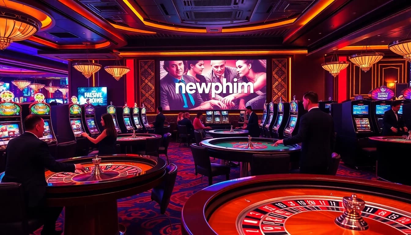 A vibrant casino scene showcasing players at the tables, celebrating wins with newphim cinematic flair.