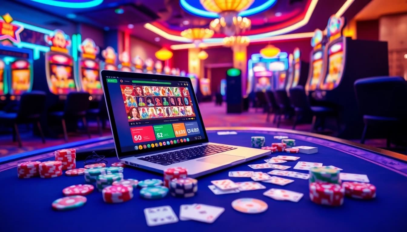 Experience the thrill of online gaming with rtp iboslot, as vibrant slot machines and poker chips come alive.