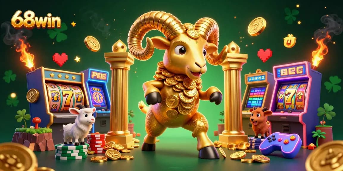 Unleash the power of 68win with a vibrant golden ram charging towards victory in a dynamic casino scene.