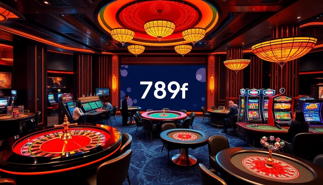 An exciting casino atmosphere with players engaging at tables, showcasing the 789f brand prominently.
