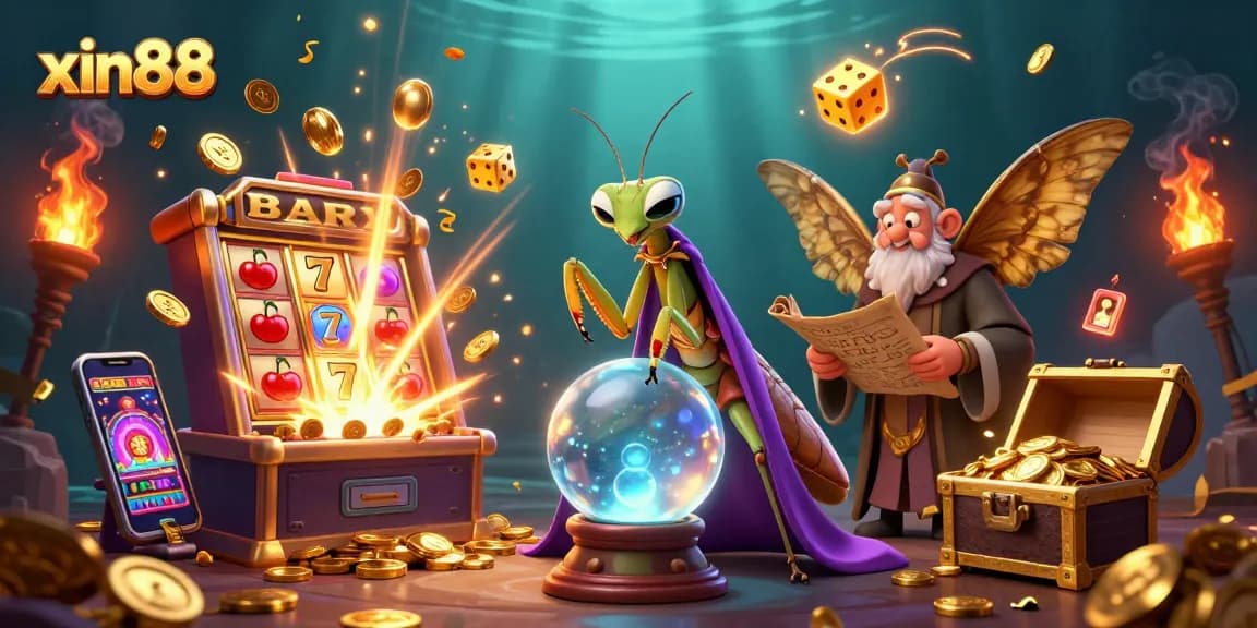 Experience exhilarating wins at xin88 with a vibrant, magical casino scene filled with dynamic symbols and characters.
