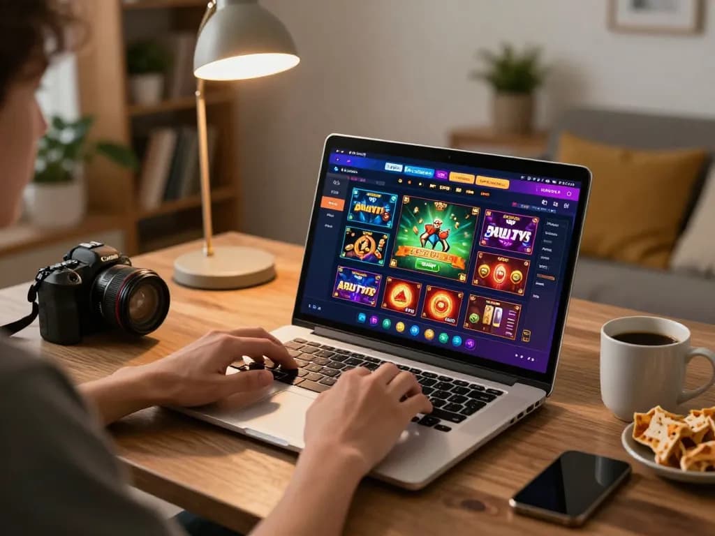 Engaging online gaming experience at iwin club with a player focused on a laptop interface, cozy home setting.