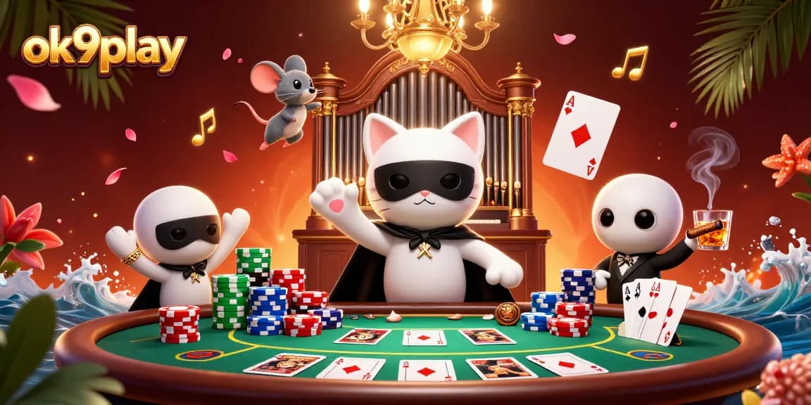 Experience thrilling gameplay at ok9play with a dynamic casino scene featuring a masked cat at the organ.