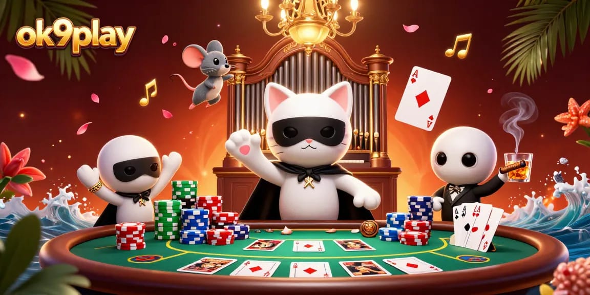 Experience thrilling gameplay at ok9play with a dynamic casino scene featuring a masked cat at the organ.