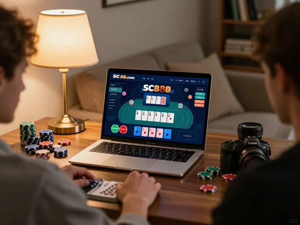 Player engaging in online poker at SC88.com with focused strategy notes nearby