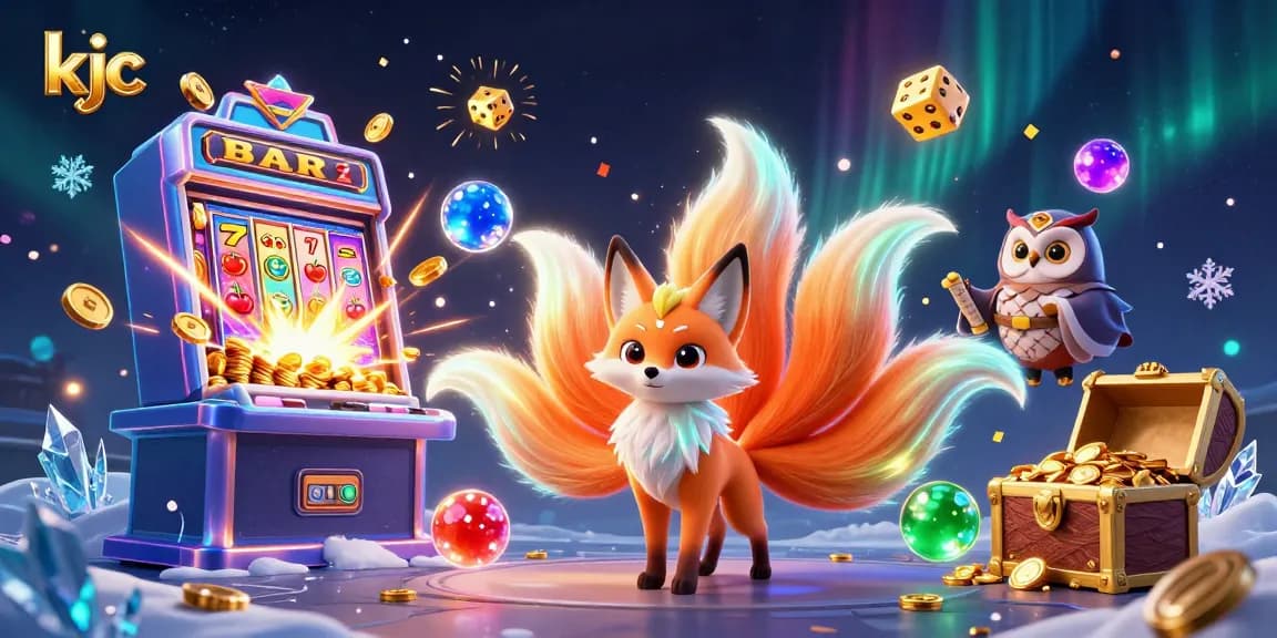 Engage with KJC's vibrant gaming world, featuring a glowing nine-tailed fox next to a wise owl amidst dynamic casino activities.