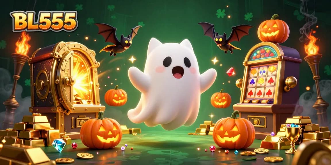 Engage in thrilling slots action at BL555 with a ghost cat and bat companion amidst glittering treasures.