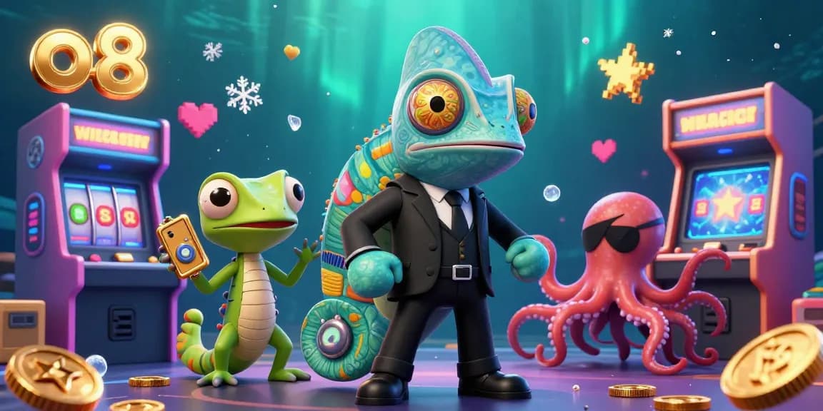 Experience exciting gaming action at o8 with vibrant casino elements surrounding characters in a dynamic undersea setting.