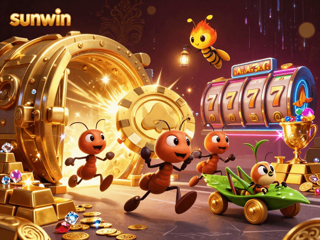 Engaging scene of sunwin's cartoon ants heist with a giant poker chip and casino gold elements.