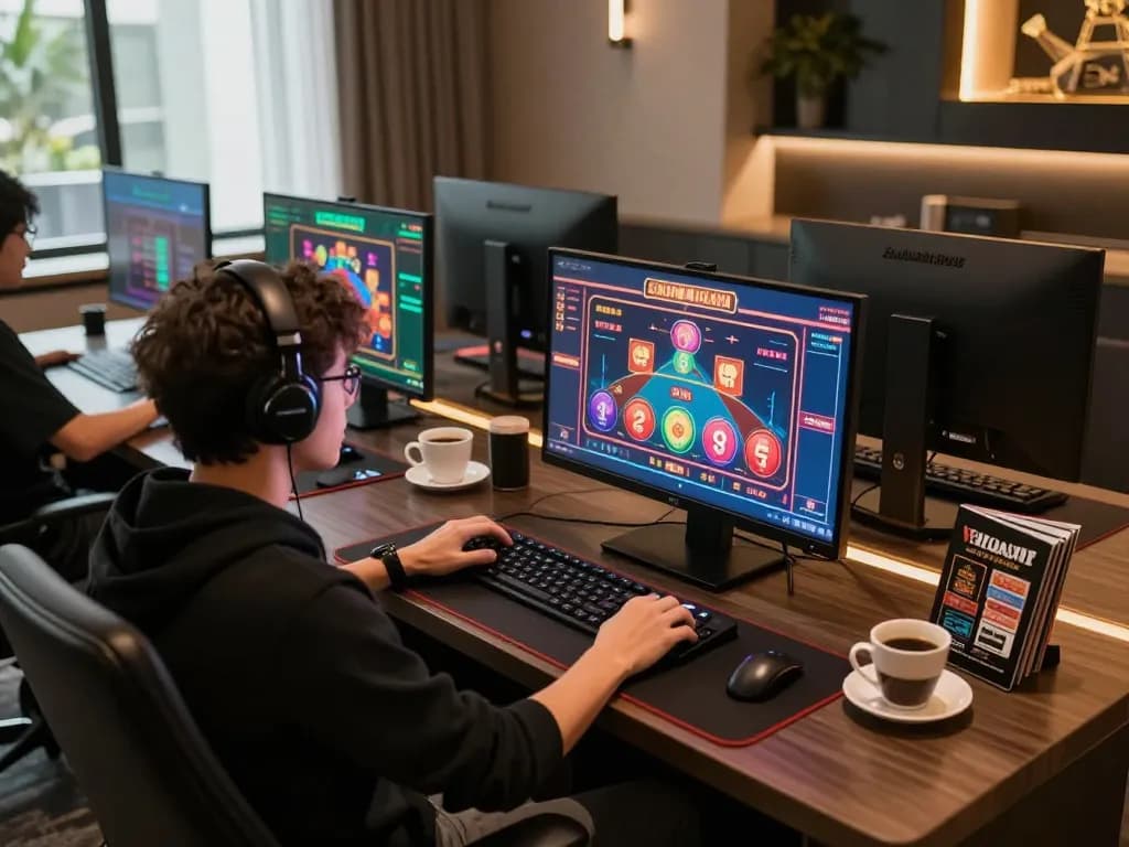 Vin88 online casino user enjoying multiple games on a modern gaming setup, showcasing strategic gameplay.