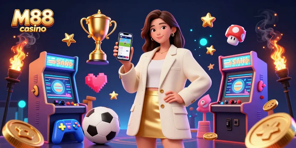 M88 casino promotional scene showcasing a friendly Asian woman with a smartphone amidst dynamic 3D gaming elements.