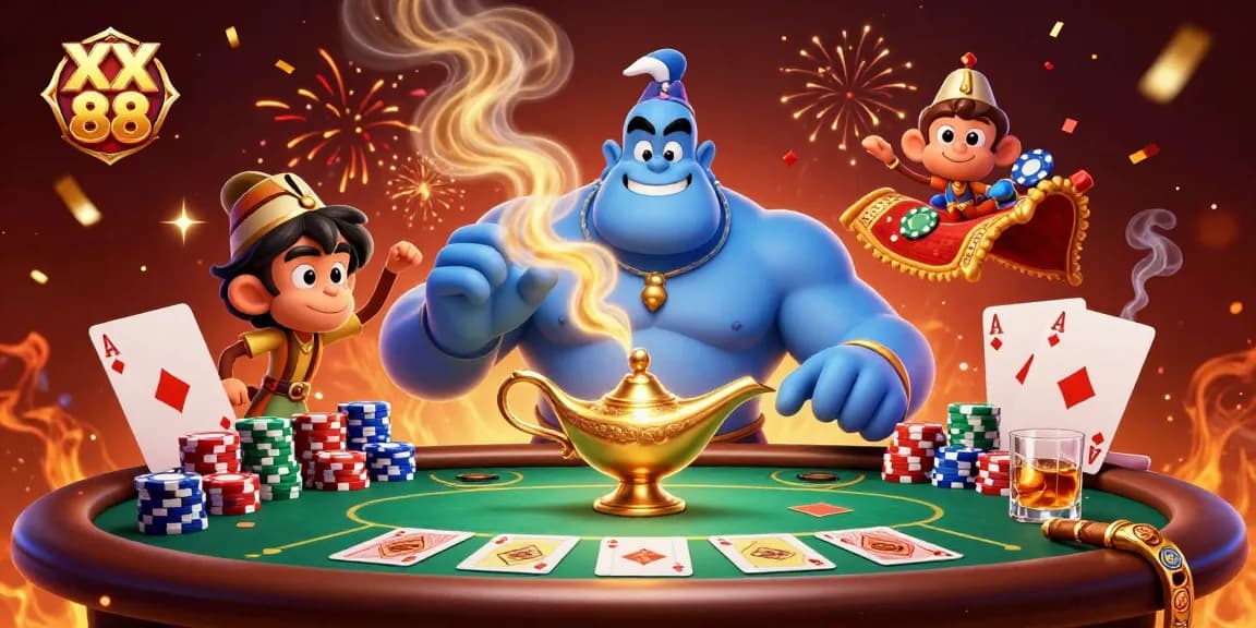 Experience the fun of XX 88 while enjoying a colorful casino scene with a genie and poker elements.