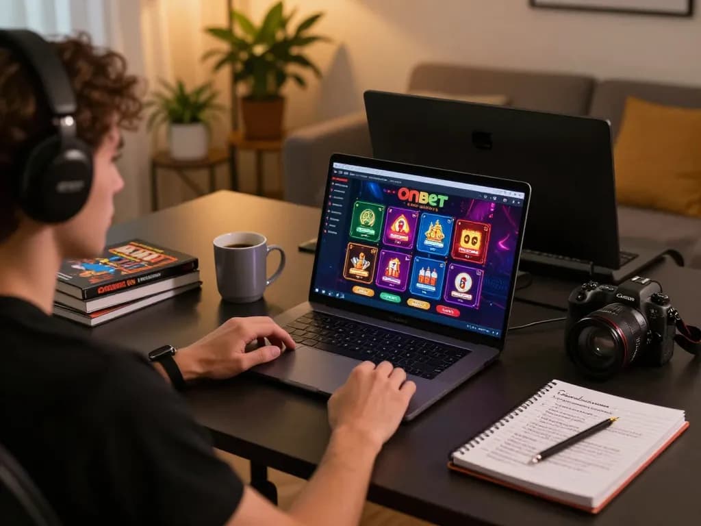 Experience strategic online gaming at Onbet casino with an engaging home setup featuring a laptop and strategy notes