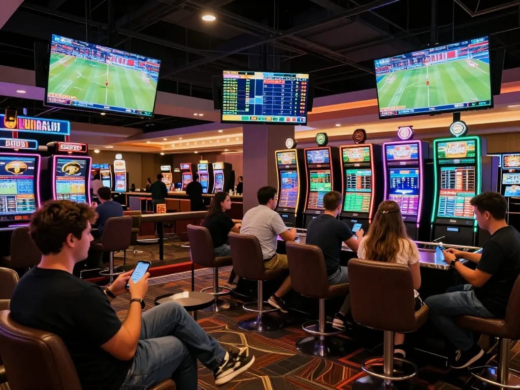 Engaged bettors analyzing game stats at 7mcn sports betting lounge with vibrant screens.