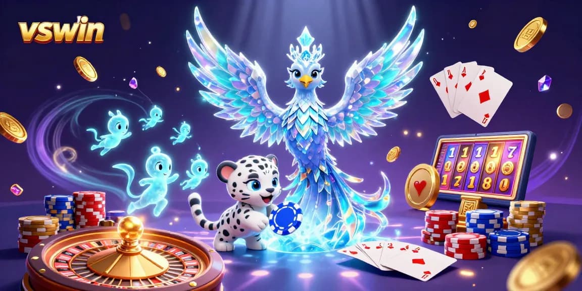 Win big at vswin with this vibrant casino scene featuring an ice phoenix and poker chip.