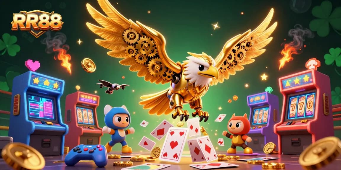 Experience high-stakes excitement with RR88's golden eagle diving through holographic cards in a vibrant casino scene.