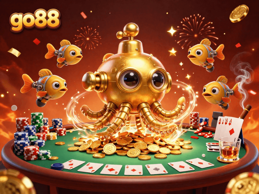 Experience the excitement at go88 with a dynamic 3D scene of a golden kraken and poker elements.