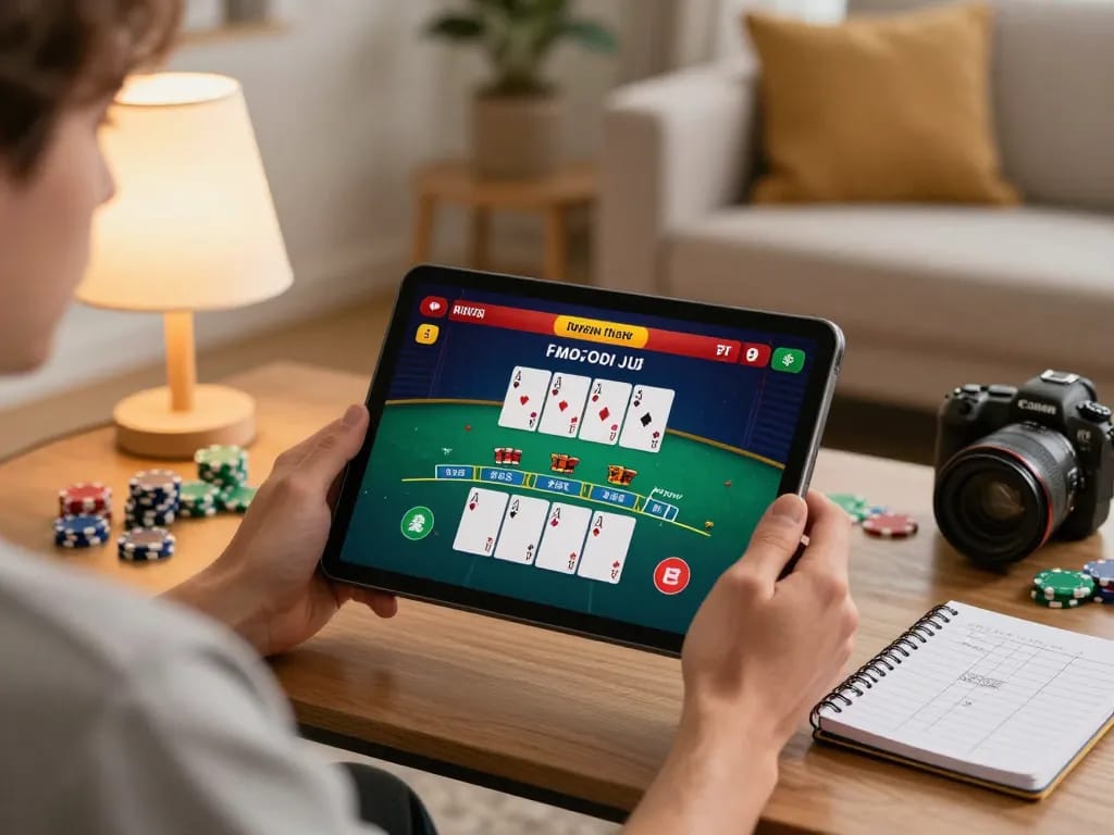 Player engaging with 9win live dealer blackjack on tablet in cozy home setting, emphasizing strategy and responsible gaming