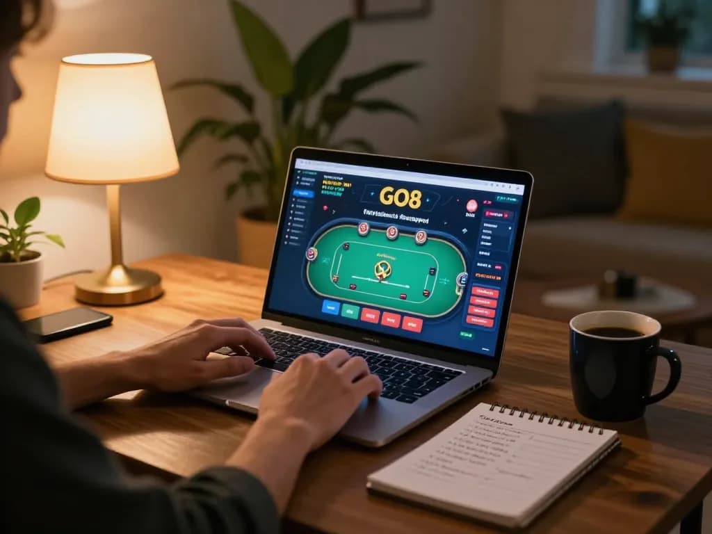 Engaging in GO8 online gaming strategy with a cozy home setting and laptop