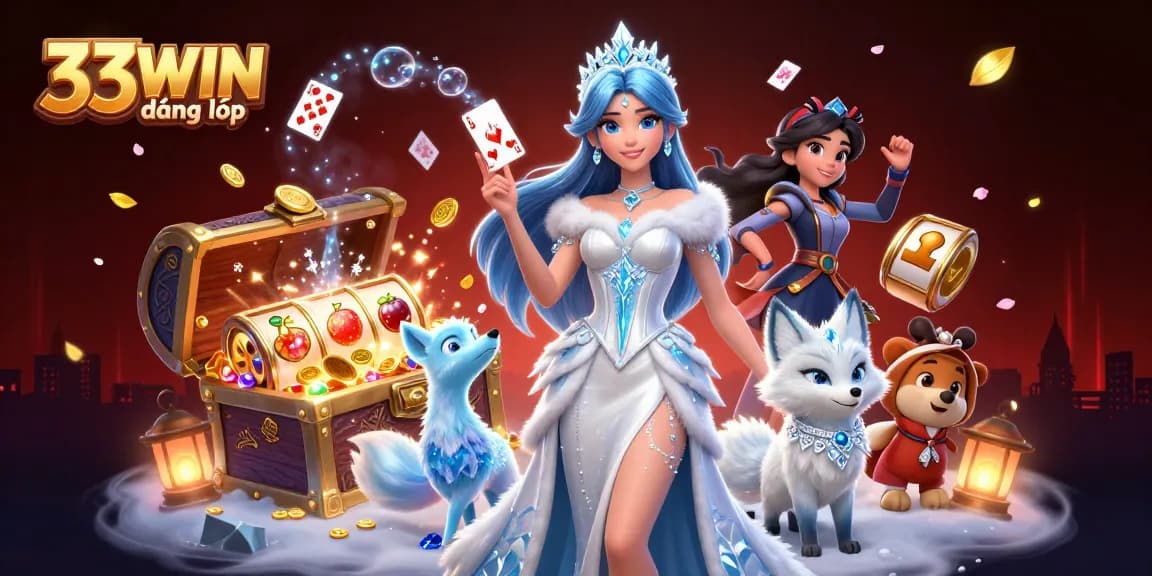 Engage with the luxurious atmosphere of 33WIN đăng nhập, showcasing a 3D woman and arctic fox amidst vibrant casino elements.