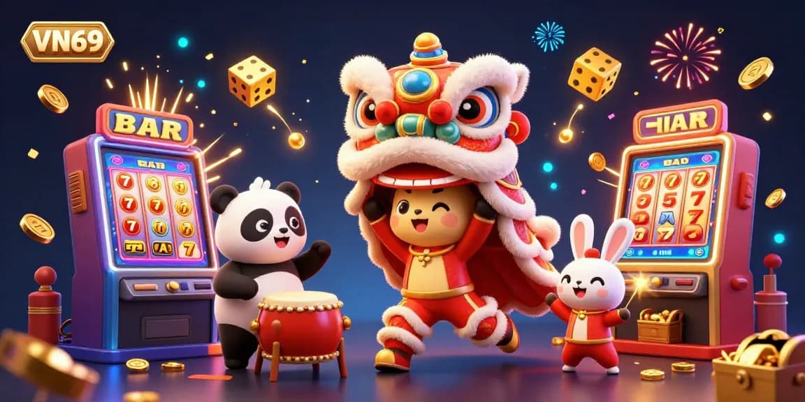 Experience the thrill of online gambling with VN69's vibrant casino scene featuring dynamic characters and exciting game symbols.