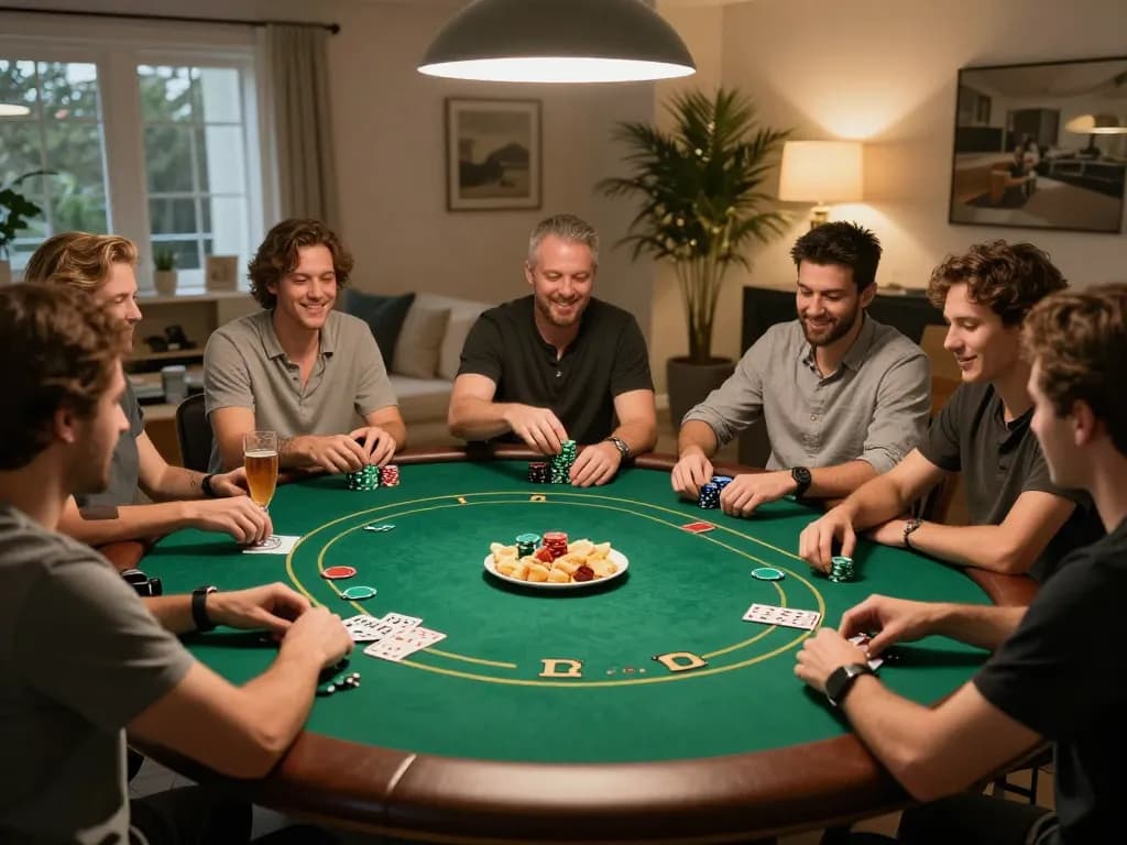 Engaged friends playing Texas Hold'em during a lively home poker night, showcasing strategic gameplay.