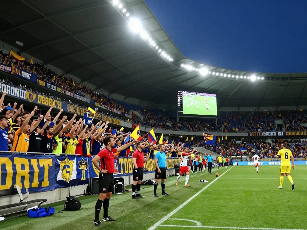 Exciting football match atmosphere showcasing fans and players during a thrilling game with scores displayed, capturing the intensity of ผลบอล.
