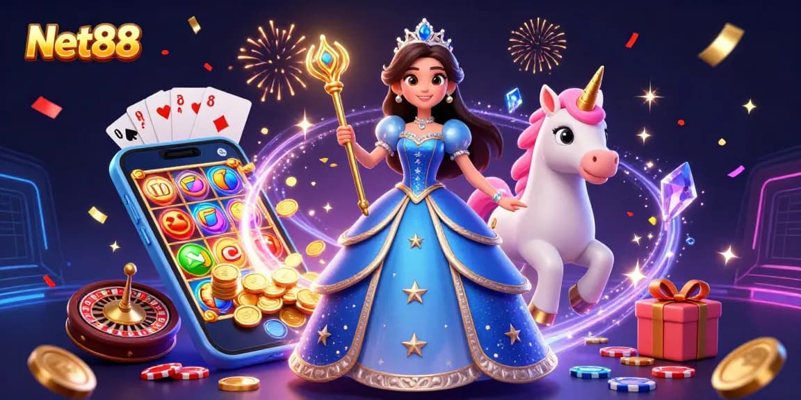 Enjoy thrilling games at Net88, a vibrant scene with a royal character and casino elements.