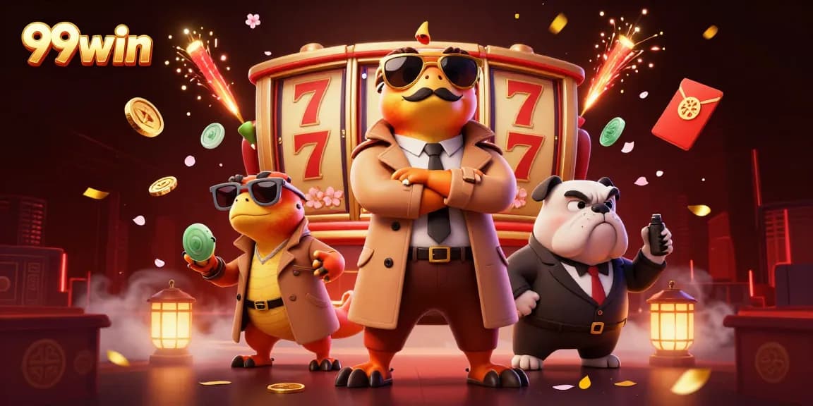 Engage with 99win as cartoon raptors attempt to enter a VIP casino lounge in a lively scene.