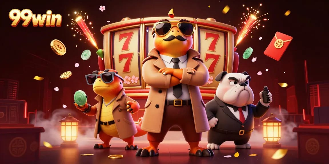 Engage with 99win as cartoon raptors attempt to enter a VIP casino lounge in a lively scene.