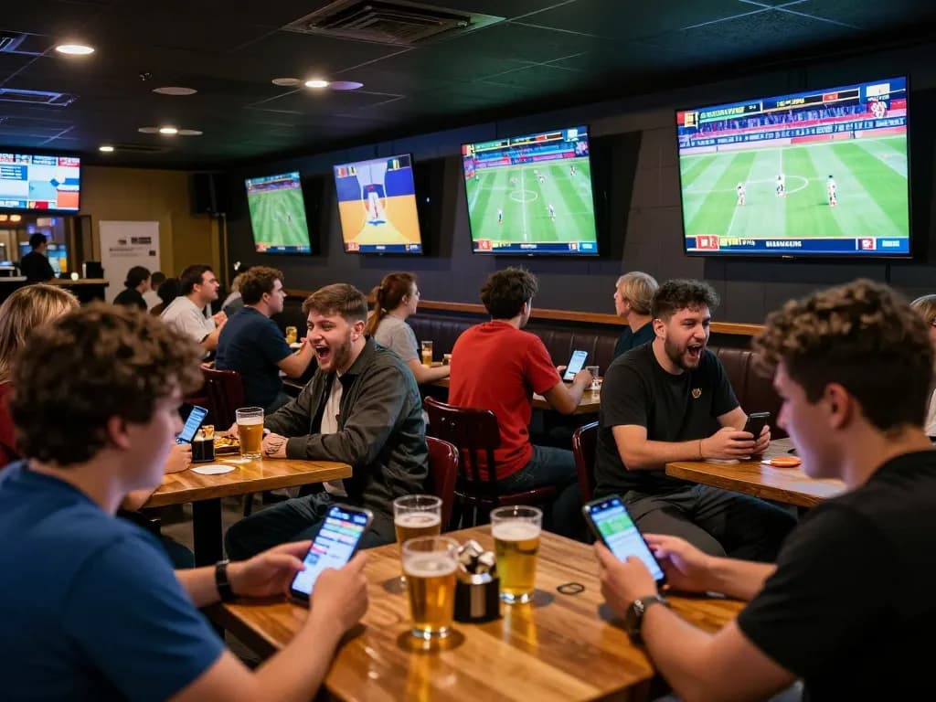 Engaging scene of nhandinhkeonhacai as patrons place bets while watching live sports in a bustling sports bar.