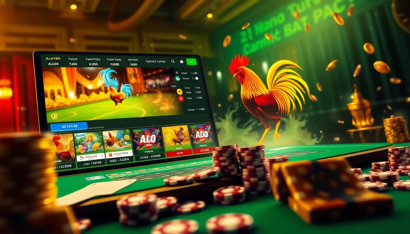 Alo789 Đá gà trực tiếp showcases an exciting online gambling interface with live betting and vibrant graphics.