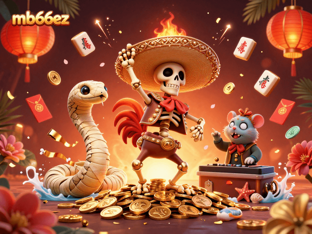 Engage with mb66ez as a skeleton mariachi rooster dances atop gold coins in this vibrant casino scene.