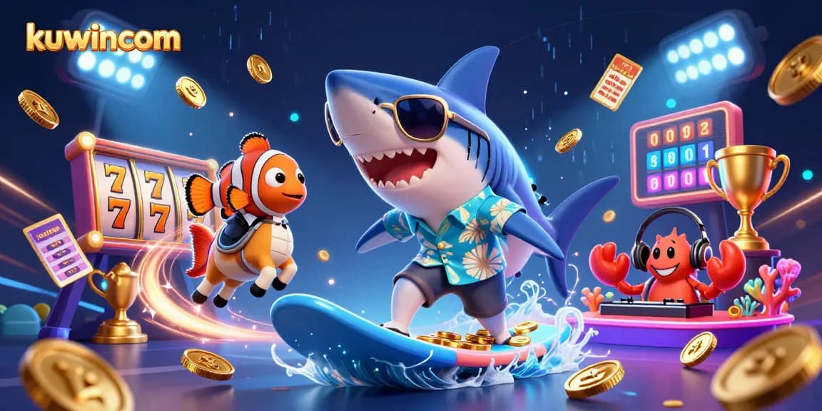 Kuwincom showcases a fun 3D shark surfing on coins amidst vibrant gambling symbols and sports elements.