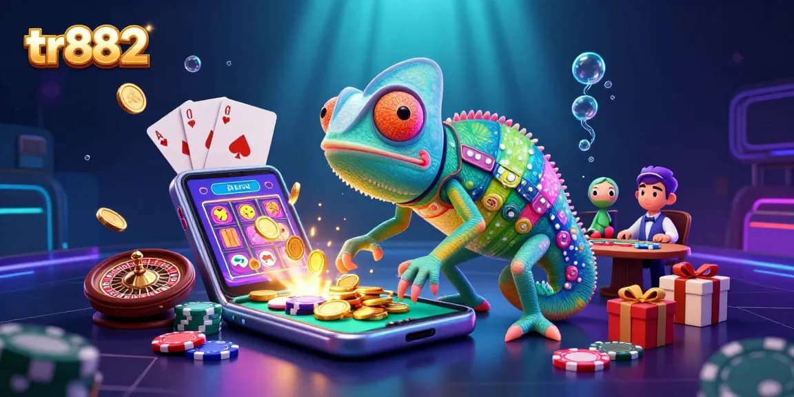 The chameleon casino owner at tr882 enjoying gaming with spinning reels, coins, and poker cards.