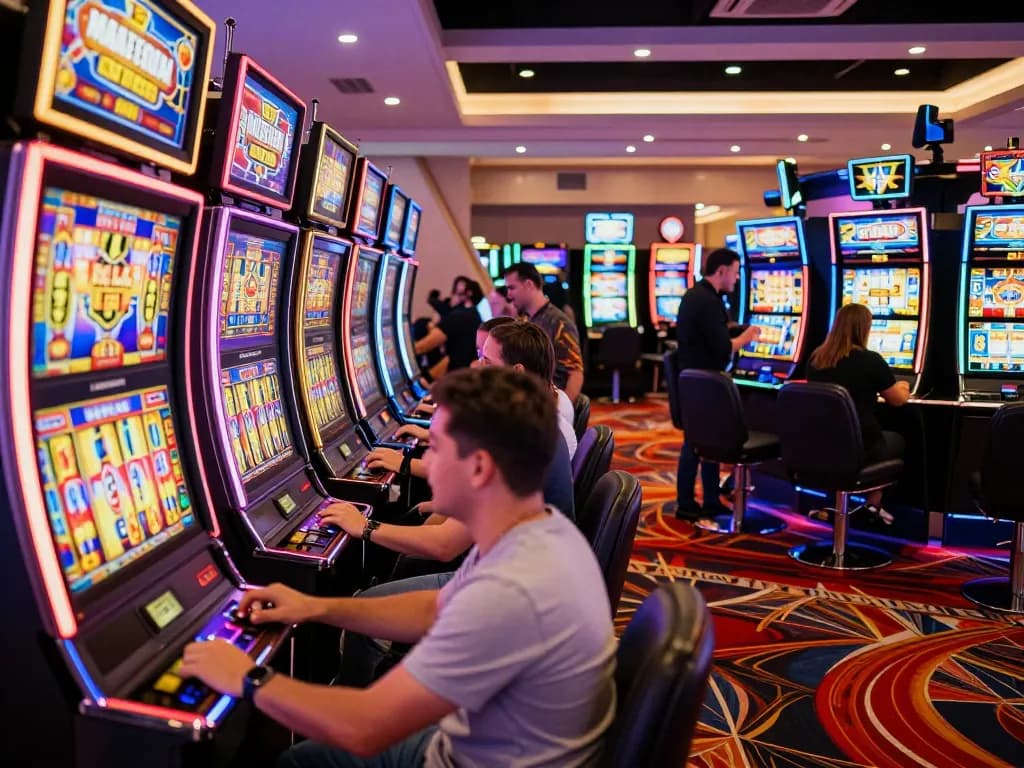 Players enjoying vibrant Slot Malaysia machines in a lively casino atmosphere.