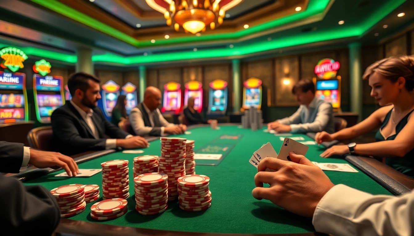 Exciting gaming experience at HM88 casino featuring poker players and vibrant slot machines.