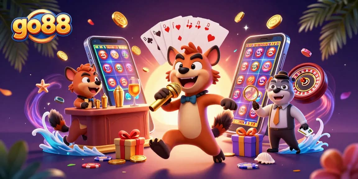 Experience the thrill at go88 with hyenas in a vibrant casino scene featuring games and laughter.