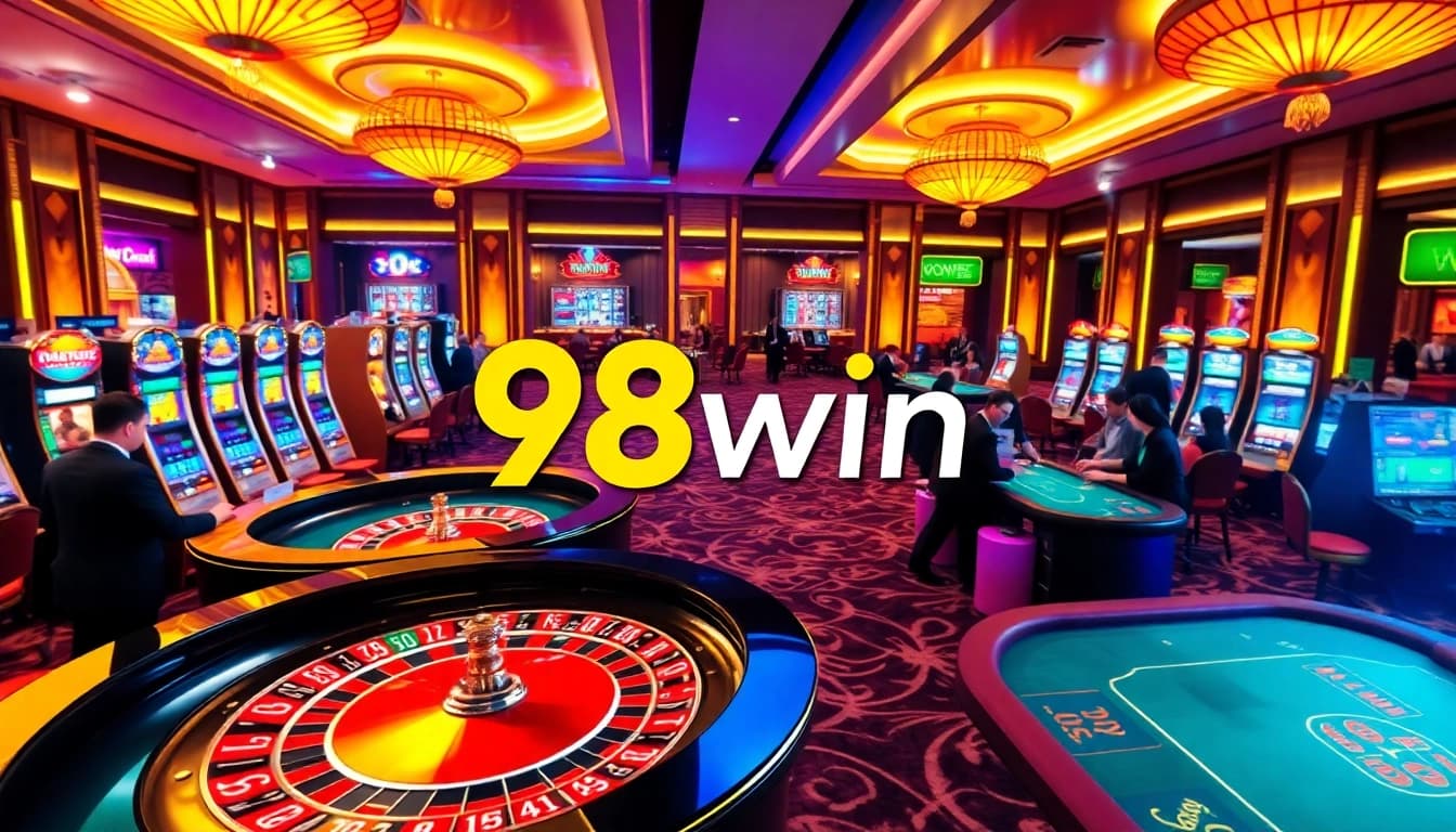 Exciting casino scene featuring the 98win logo with players at roulette and poker tables.