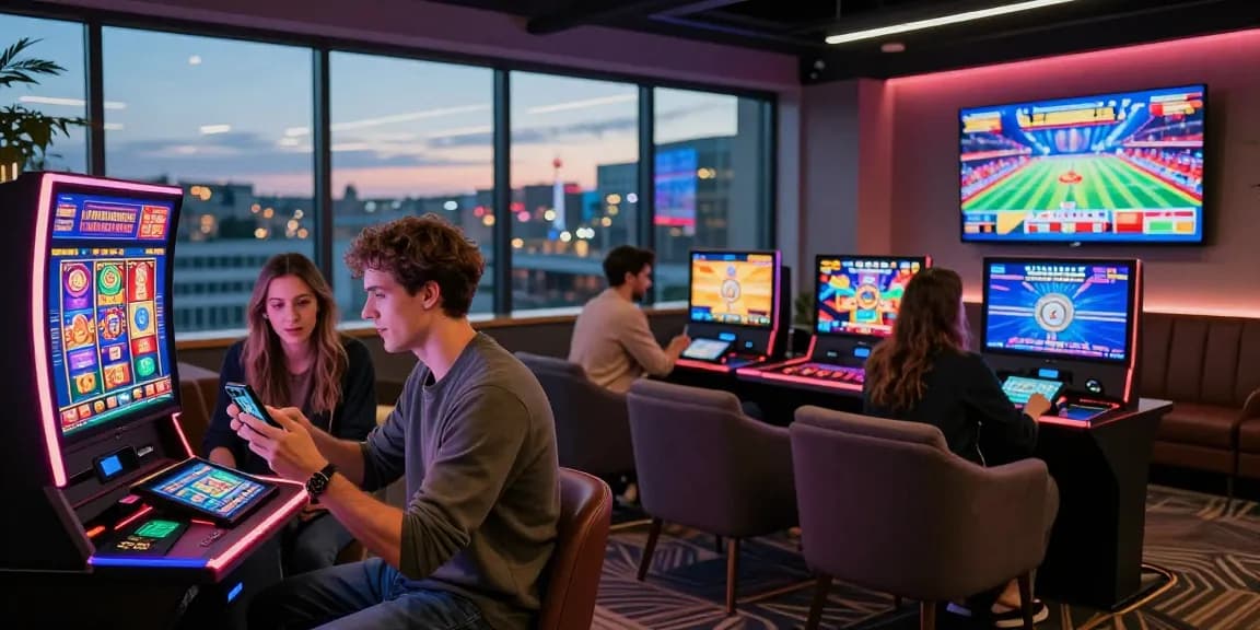 Engaged players exploring new UK casino sites on mobile devices in a lively casino setting.