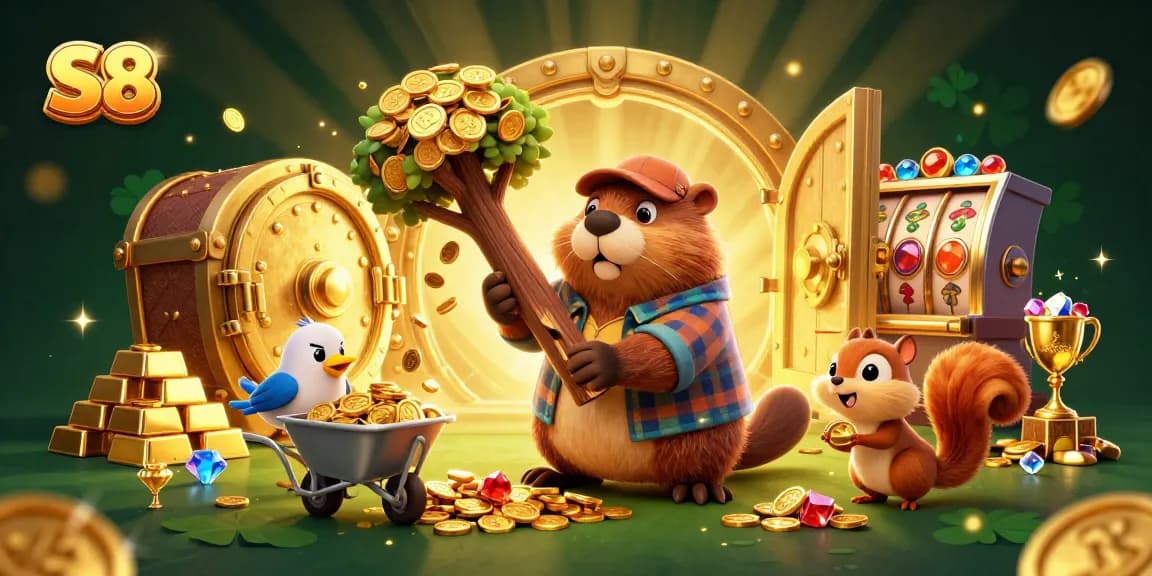 S8 gaming scene featuring a lumberjack beaver celebrating wins amidst slot reels and golden treasures