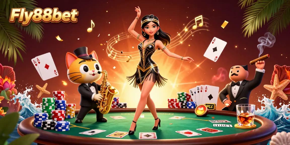 Experience the excitement of Fly88bet with vibrant visuals of casino action and dynamic characters.