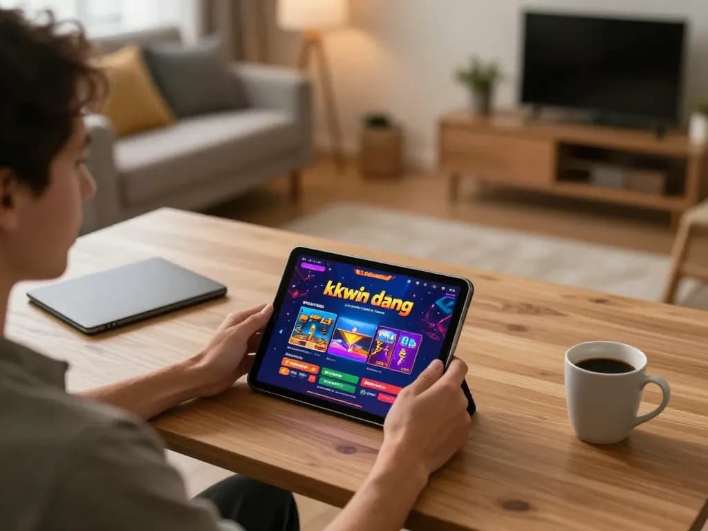 Engaging in kkwin đăng nhập, a player interacts with an online casino app on a tablet at home.