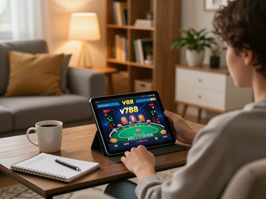 Enjoying v788 bet online gaming experience from the comfort of home sofa with strategic notes at hand.