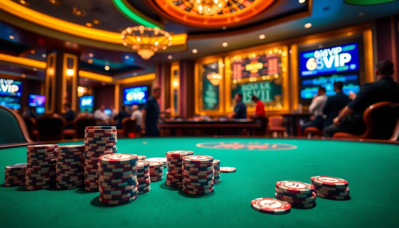 Players enjoying a thrilling game at the 68VIP casino table with vibrant cards and chips.