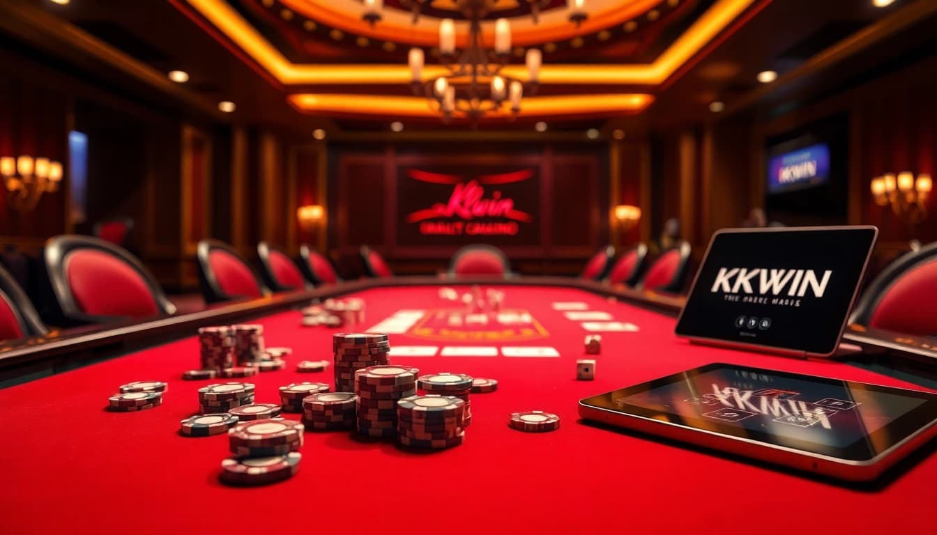 Experience the thrill of playing poker at KKWIN's luxurious casino table with vibrant chips and cards.